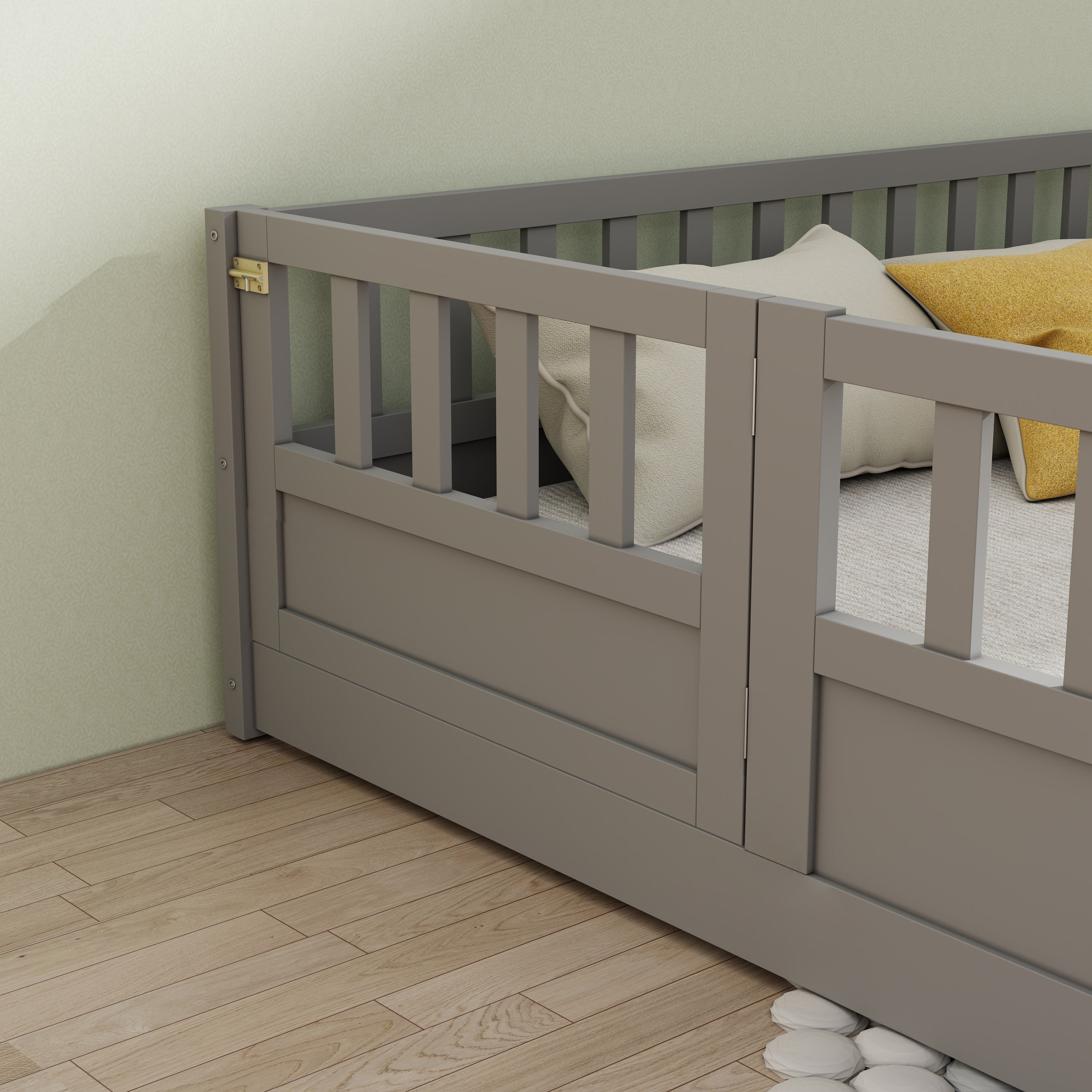 Full size  Floor bed, integral construction with super high security barrier, door, children's floor bed frame, Montessori wooden children's floor bed, Support slat Grey Full size  Floor bed, integral construction with super high security barrier, door, children's floor bed frame, Montessori wooden children's floor bed, Support slat Grey