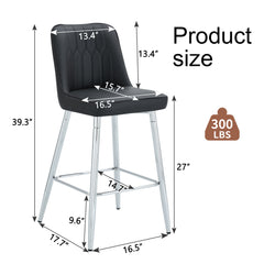 Modern Black PU Bar Stool - Set of 2 with Silver Metal Legs Decor