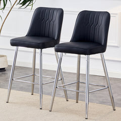 Modern Black PU Bar Stool - Set of 2 with Silver Metal Legs Decor