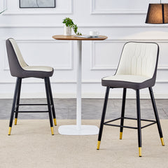 Modern Two-Tone PU Bar Stool Set of 2 - White and Dark Gray Spliced Design with Gold Decorated Legs