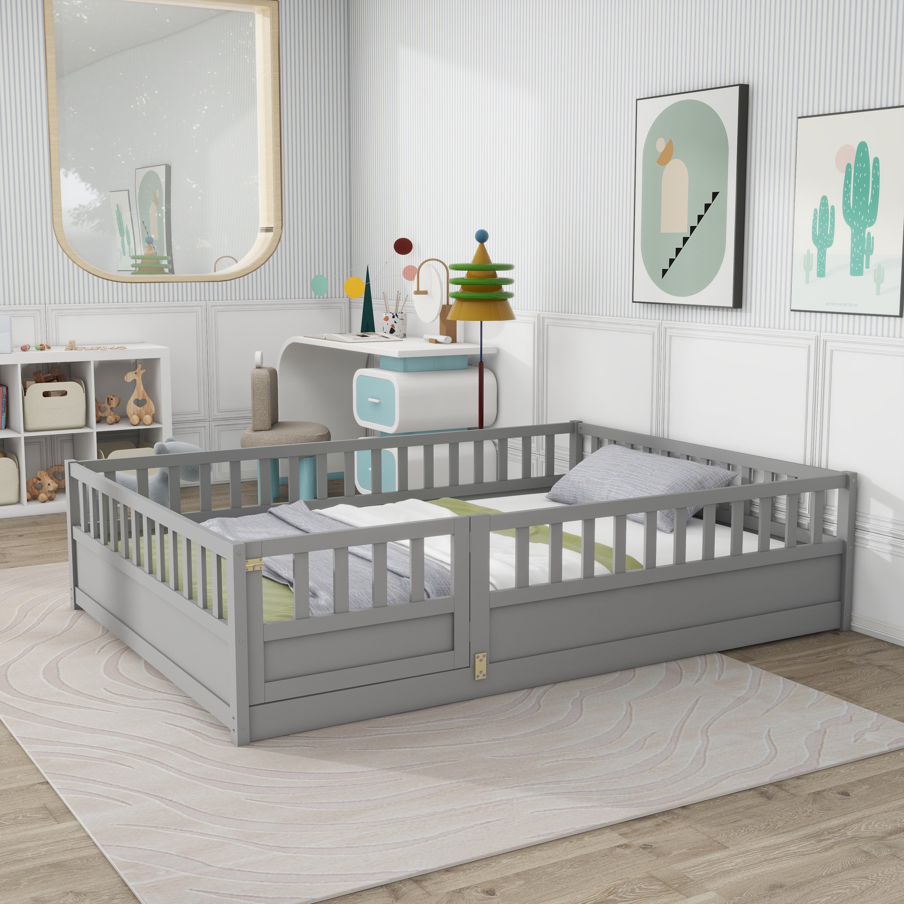 Full size  Floor bed, integral construction with super high security barrier, door, children's floor bed frame, Montessori wooden children's floor bed,  Grey Full size  Floor bed, integral construction with super high security barrier, door, children's floor bed frame, Montessori wooden children's floor bed,  Grey