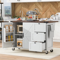 K&K 54.5" Kitchen Island with Storage - Farmhouse Design with Drop Leaf, Internal Rack and Spice Rack in White