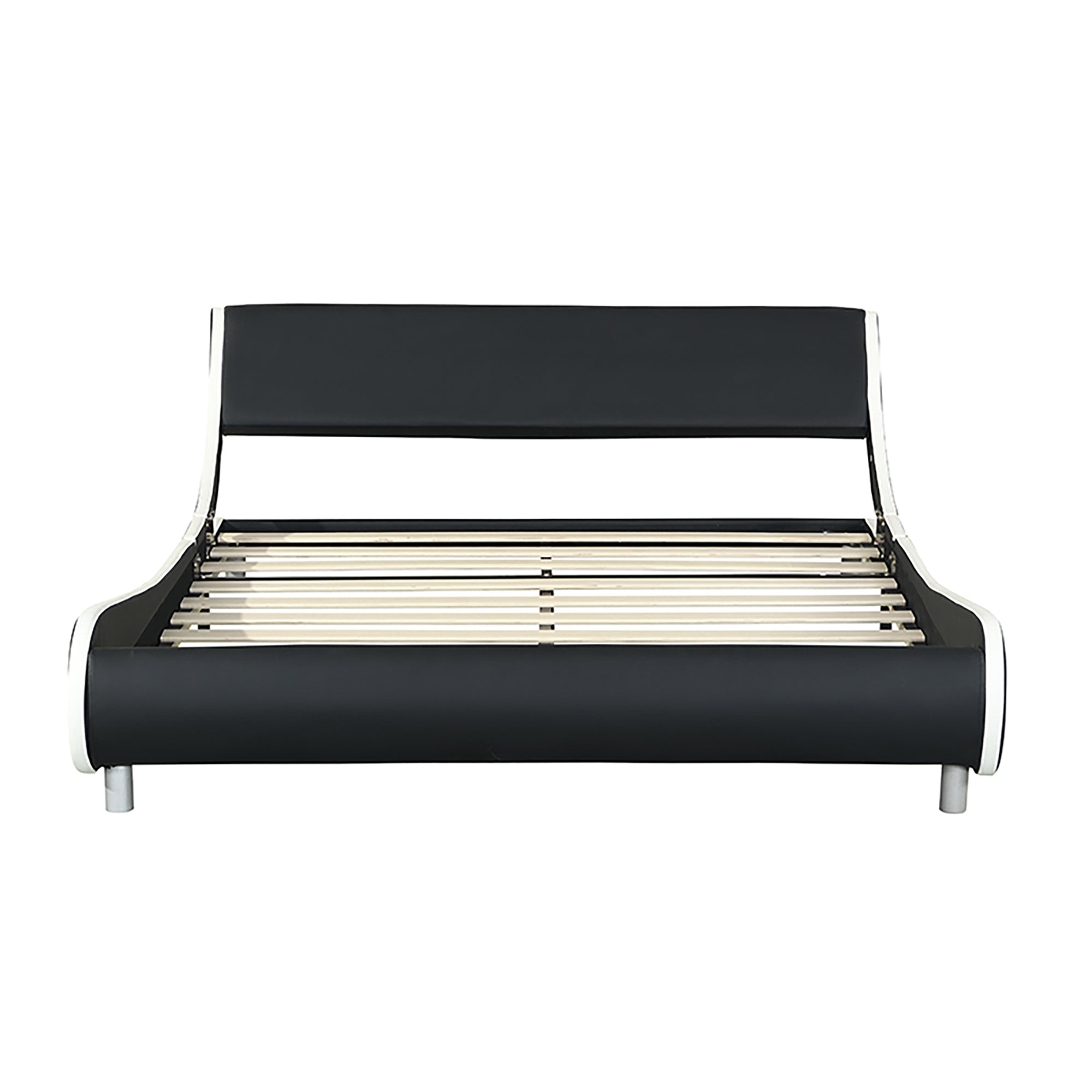 Faux Leather Upholstered Platform Bed Frame,LED lighting with remote controller and APP,Curve Design,Wood Slat Support,No Box Spring Needed,Easy Assemble,Queen Size,Black and White Faux Leather Upholstered Platform Bed Frame,LED lighting with remote controller and APP,Curve Design,Wood Slat Support,No Box Spring Needed,Easy Assemble,Queen Size,Black and White