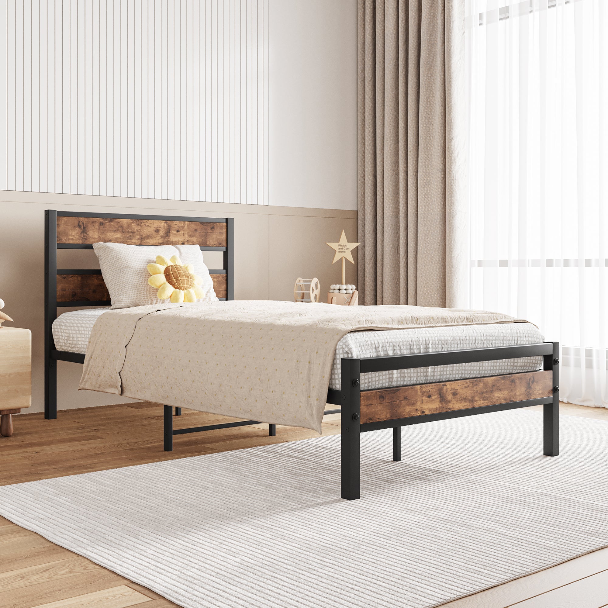 Twin Platform Bed Frame, Rustic Wood Headboard, No Box Spring Twin Platform Bed Frame, Rustic Wood Headboard, No Box Spring