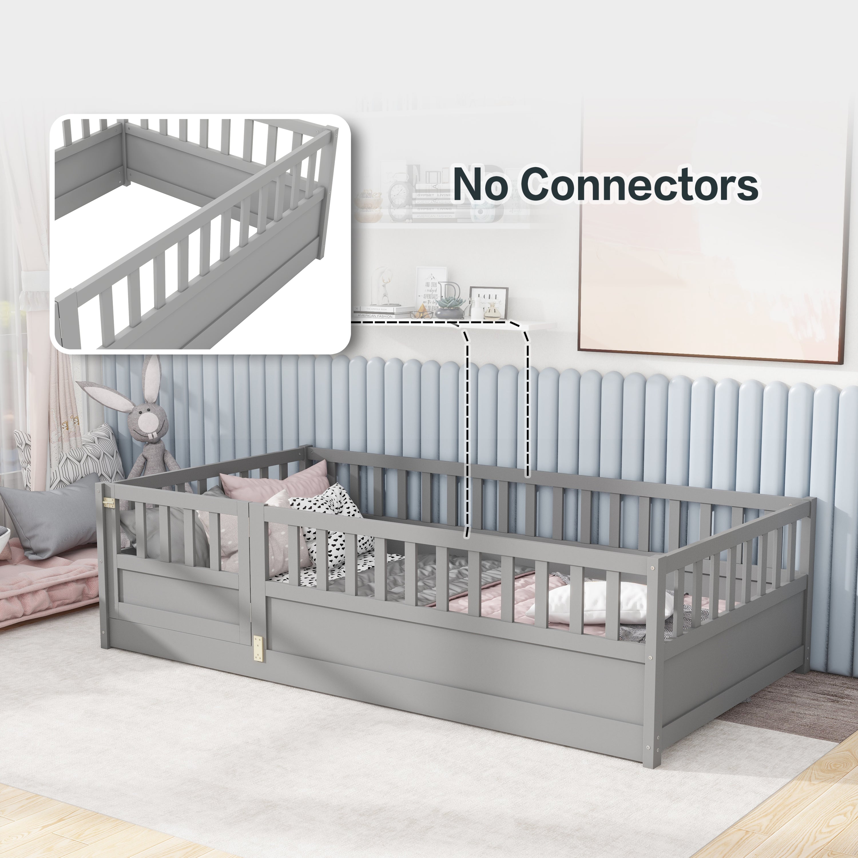 Twin Size Floor bed, integral construction with super high security barrier, door, children's floor bed frame, Montessori wooden children's floor bed,  Grey Twin Size Floor bed, integral construction with super high security barrier, door, children's floor bed frame, Montessori wooden children's floor bed,  Grey