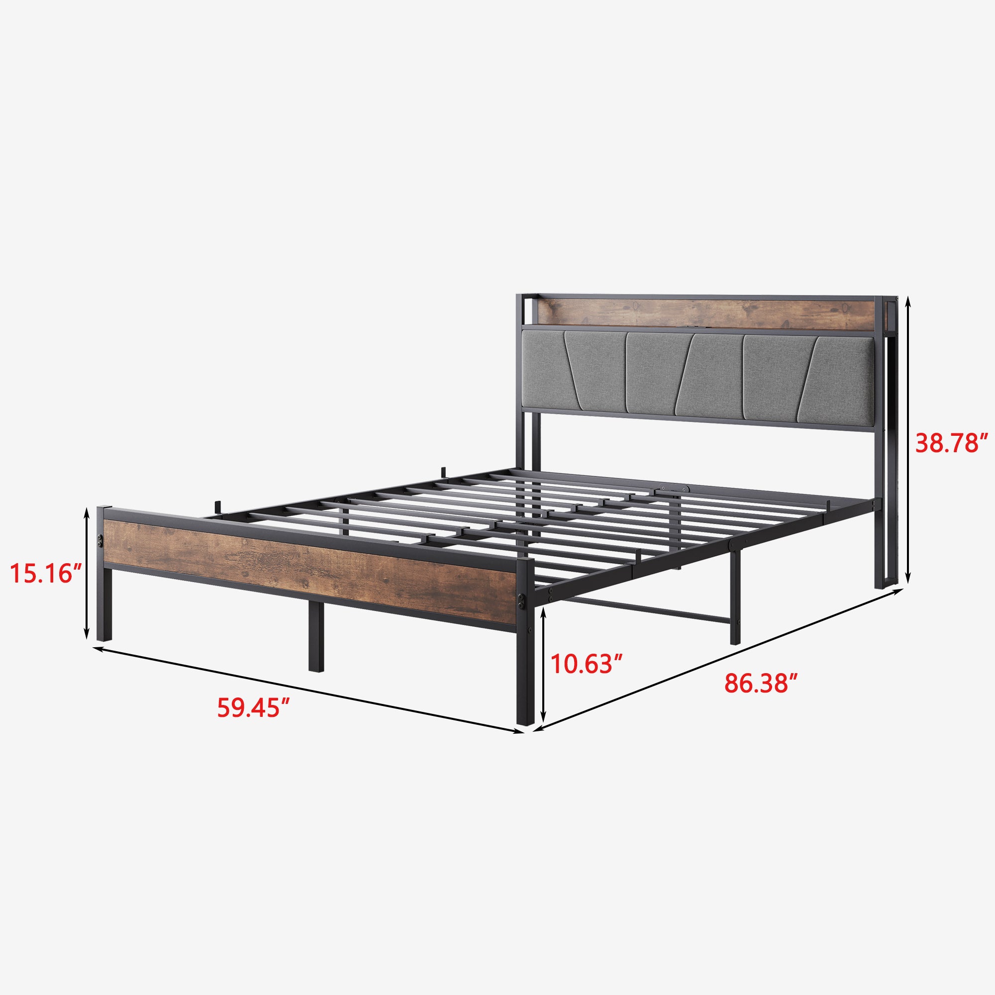 Queen Bed Frame with Storage Headboard & Charging Station, Brown/Gray Queen Bed Frame with Storage Headboard & Charging Station, Brown/Gray