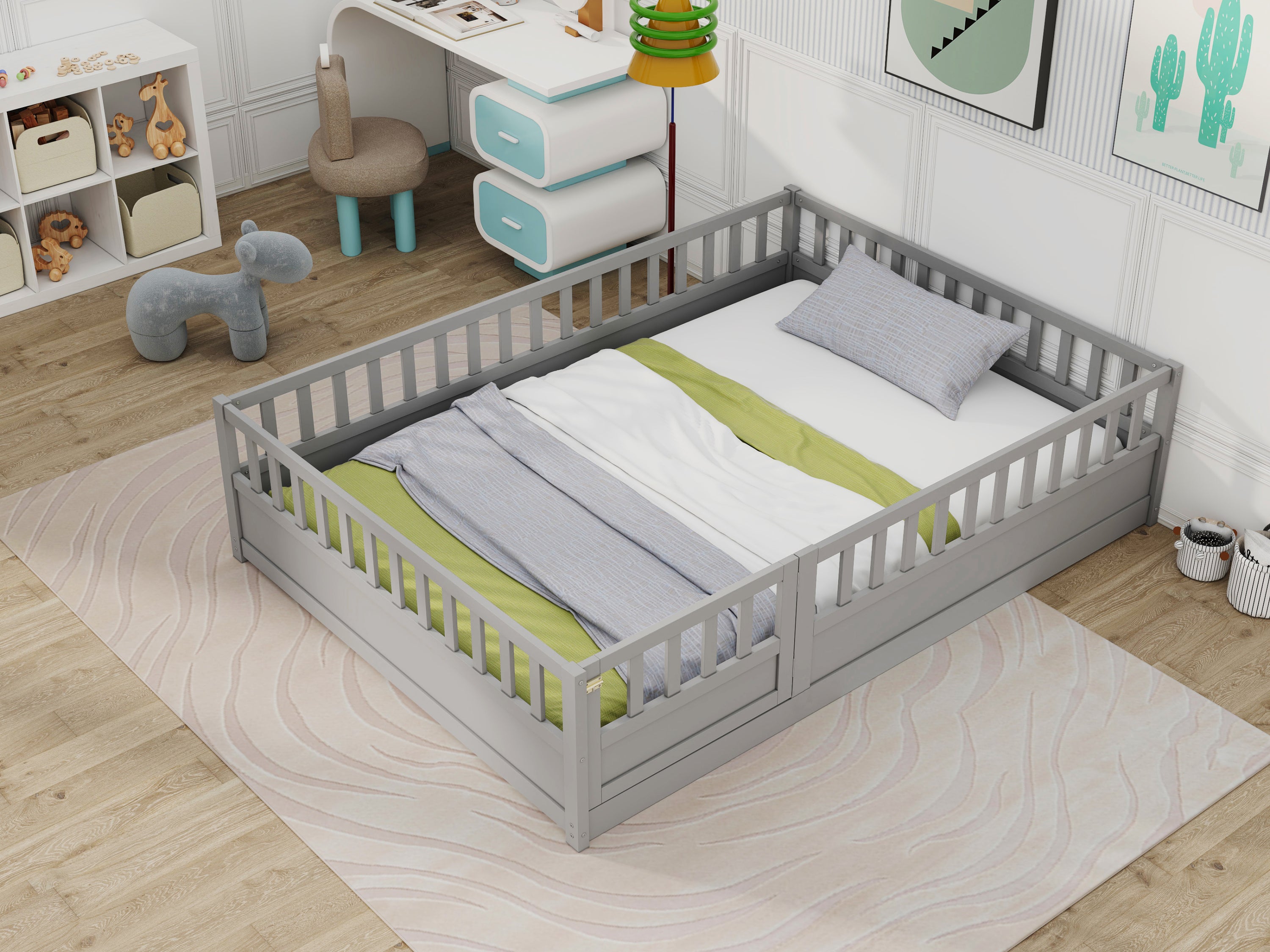Full size  Floor bed, integral construction with super high security barrier, door, children's floor bed frame, Montessori wooden children's floor bed,  Grey Full size  Floor bed, integral construction with super high security barrier, door, children's floor bed frame, Montessori wooden children's floor bed,  Grey