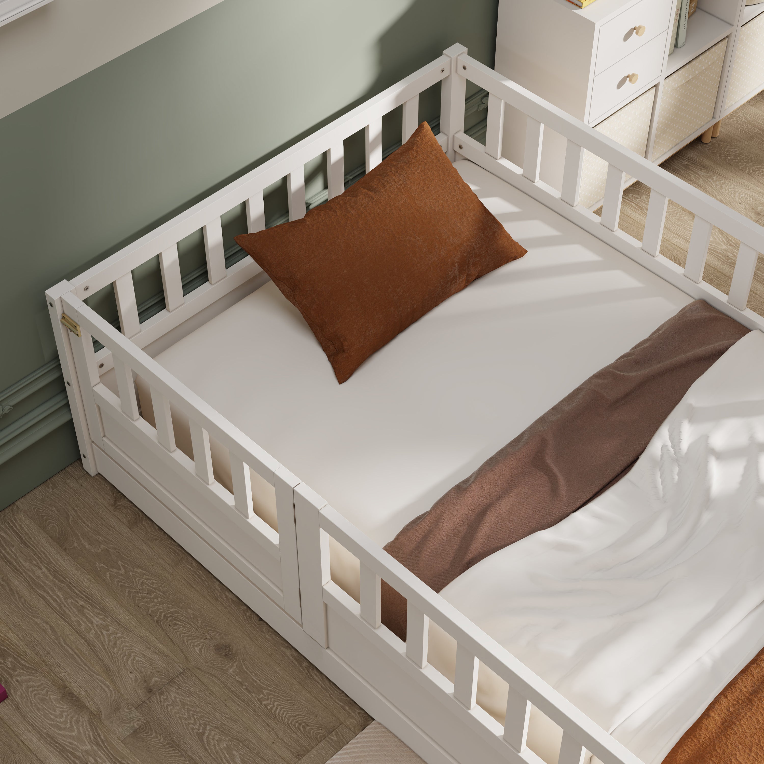 Twin Size Floor bed, integral construction with super high security barrier, door, children's floor bed frame, Montessori wooden children's floor bed, white Twin Size Floor bed, integral construction with super high security barrier, door, children's floor bed frame, Montessori wooden children's floor bed, white