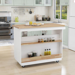 Rolling Kitchen Island with Storage, RubberWood Top & Wine Rack, White