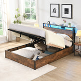 Full Lift-Up Storage Bed with LED Lights & Bookcase Headboard
