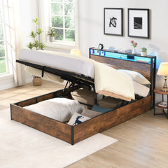Full Lift-Up Storage Bed with LED Lights & Bookcase Headboard