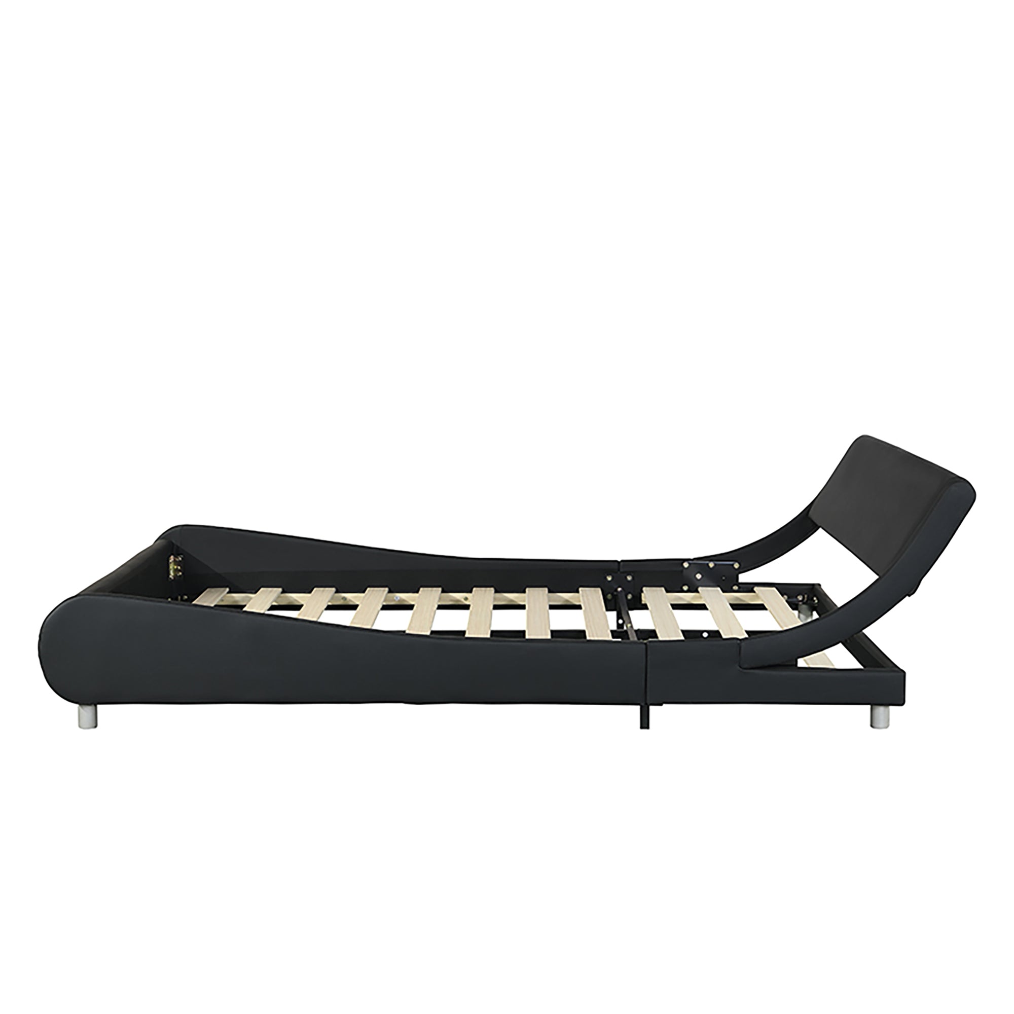 Faux Leather Upholstered Platform Bed Frame,LED lighting with remote controller and APP,Curve Design,Wood Slat Support,No Box Spring Needed,Easy Assemble,Queen Size,Black Faux Leather Upholstered Platform Bed Frame,LED lighting with remote controller and APP,Curve Design,Wood Slat Support,No Box Spring Needed,Easy Assemble,Queen Size,Black