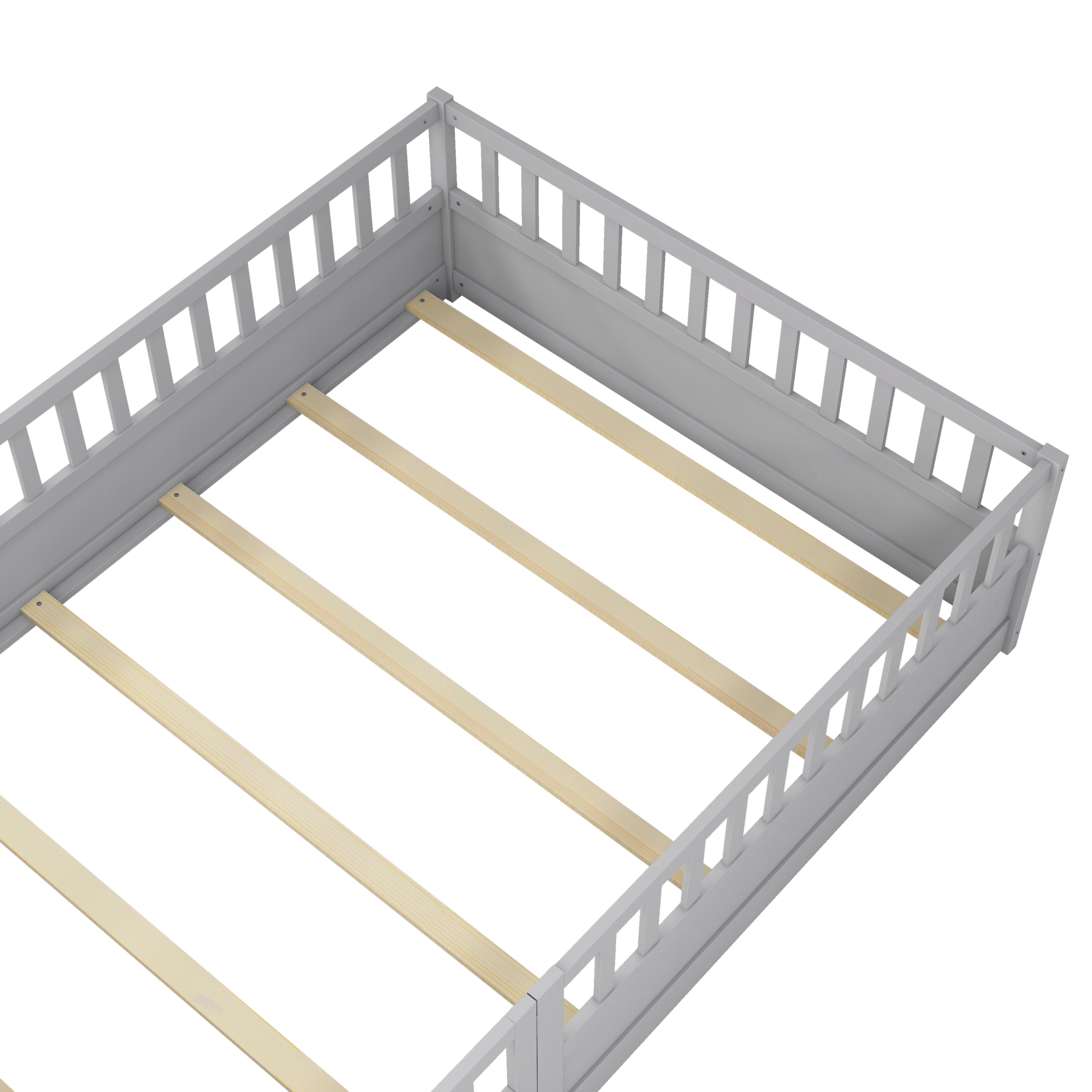 Full size  Floor bed, integral construction with super high security barrier, door, children's floor bed frame, Montessori wooden children's floor bed, Support slat Grey Full size  Floor bed, integral construction with super high security barrier, door, children's floor bed frame, Montessori wooden children's floor bed, Support slat Grey