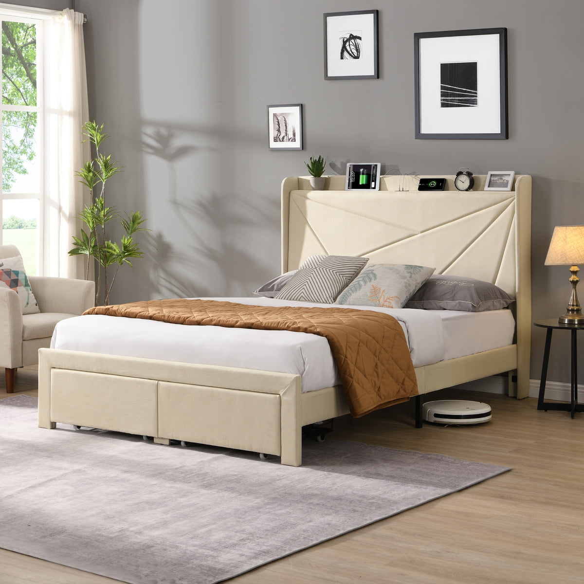 Full Upholstered Bed Frame with Storage Drawers & USB, Beige