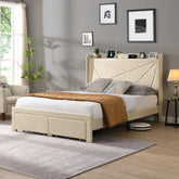 Full Upholstered Bed Frame with Storage Drawers & USB, Beige