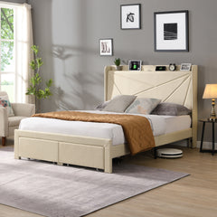 Full Upholstered Bed Frame with Storage Drawers & USB, Beige