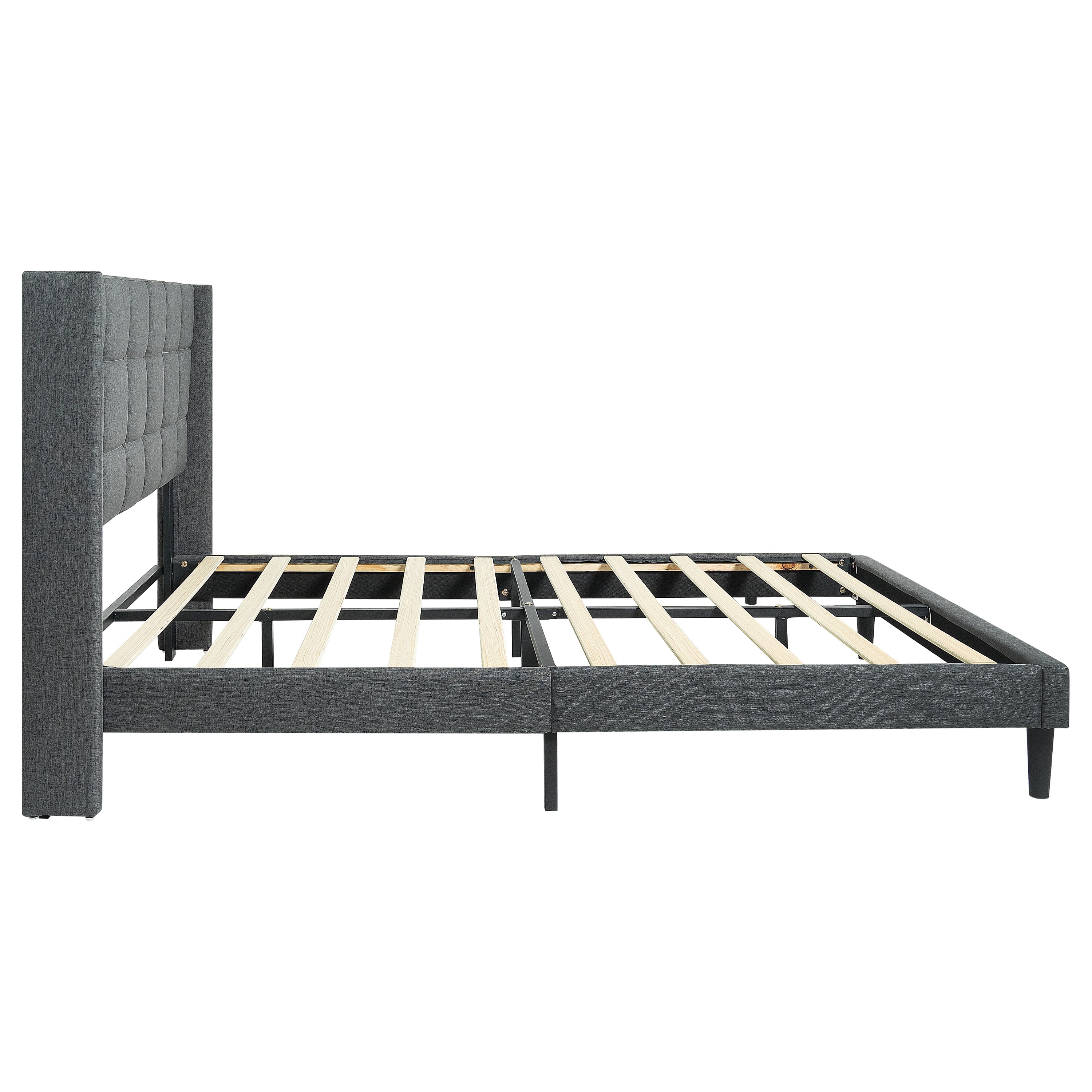 Queen Size Upholstered Platform Bed Frame with Modern Button Tufted Linen Fabric Headboard, No Box Spring Needed, Wood Slat Support, Easy Assembly, Drak Grey Queen Size Upholstered Platform Bed Frame with Modern Button Tufted Linen Fabric Headboard, No Box Spring Needed, Wood Slat Support, Easy Assembly, Drak Grey