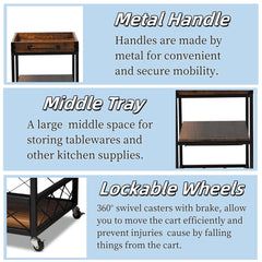 Rolling Kitchen Wine Cart with Glass Rack, Oak Brown