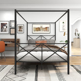 Metal Canopy Bed Frame with X Shaped Platform - Queen, Black