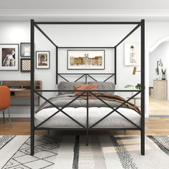 Metal Canopy Bed Frame with X Shaped Platform - Queen, Black