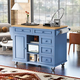 Kitchen cart with Rubber wood desktop rolling mobile kitchen island with storage and 5 draws 53 Inch length, Blue