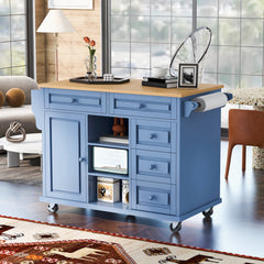 Kitchen cart with Rubber wood desktop rolling mobile kitchen island with storage and 5 draws 53 Inch length, Blue