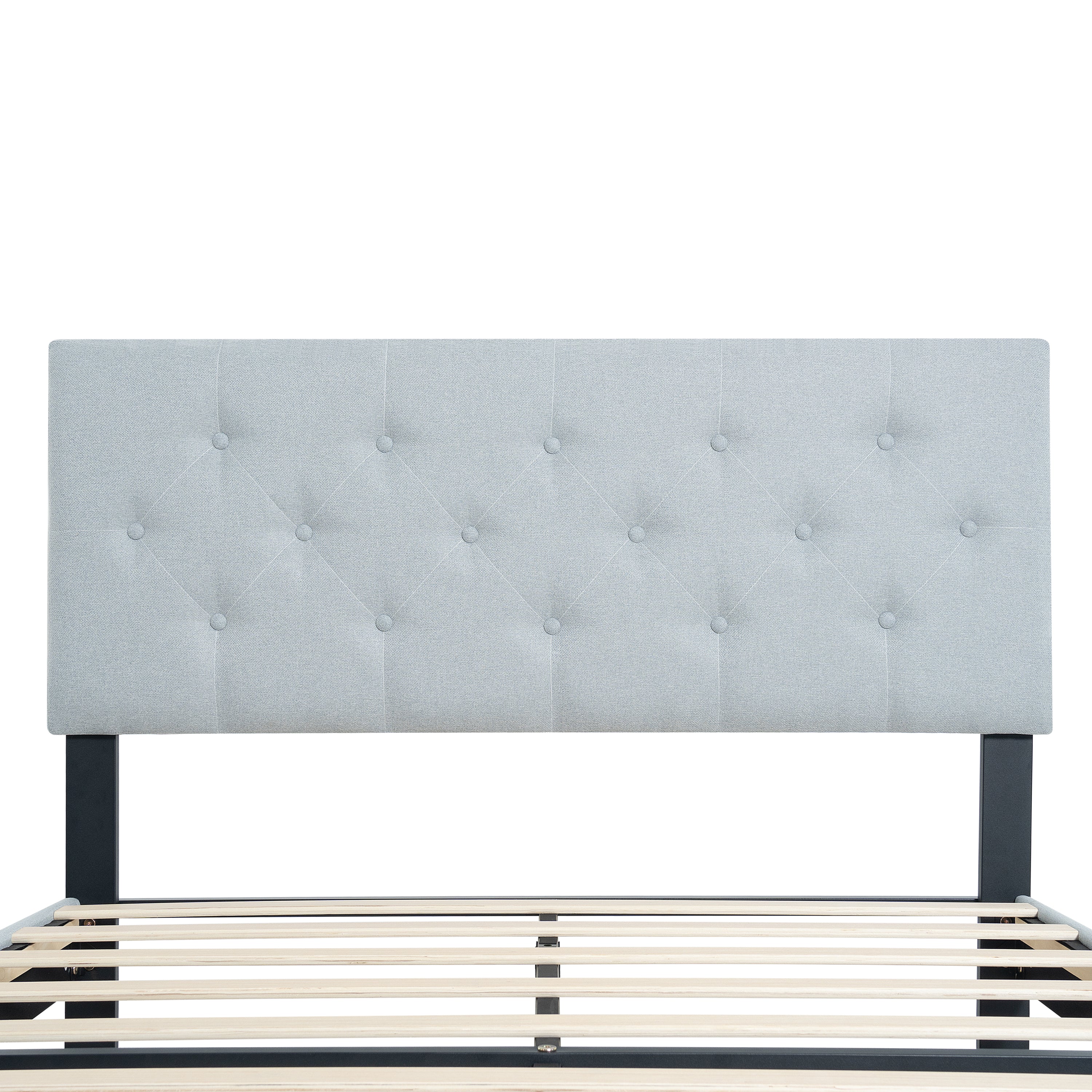 Queen Size Upholstered Platform Bed Frame with Modern Button Tufted Linen Fabric Headboard, No Box Spring Needed, Wood Slat Support, Easy Assembly, Grey Queen Size Upholstered Platform Bed Frame with Modern Button Tufted Linen Fabric Headboard, No Box Spring Needed, Wood Slat Support, Easy Assembly, Grey