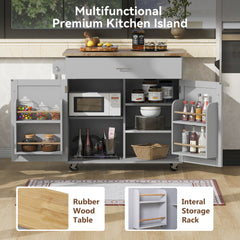 K&K Rolling Kitchen Island with Storage, Rubber Wood Top, Spacious Drawer with Divider and Internal Storage Rack, Grey
