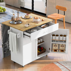 K&K Rolling Kitchen Island with Storage, Rubber Wood Top, White