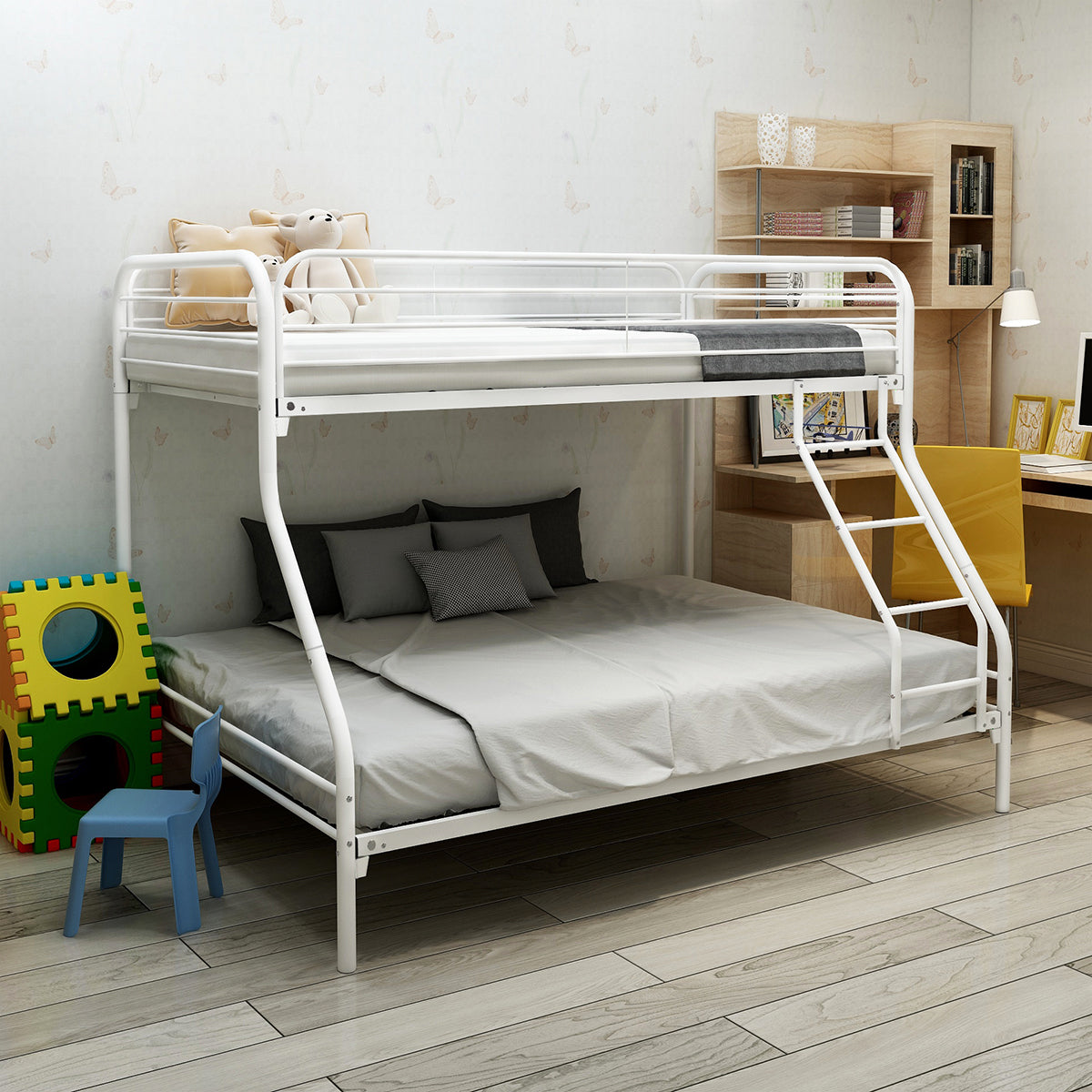 Twin-Over-Full Metal Bunk Bed with Guardrail, White Twin-Over-Full Metal Bunk Bed with Guardrail, White