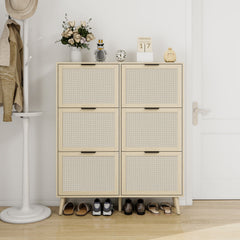 Rattan 6 Door Shoe Rack, Freestanding Modern Shoe Storage Cabinet, for Entryway