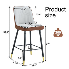 Modern Two-Tone PU Bar Stool Set of 2 - Brown and Light Gray Spliced Design with Gold Decorated Legs