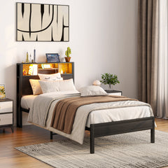 Twin Bed Frame with Storage Headboard, Charging Station & Bookcase