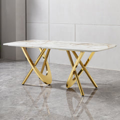 Marble Pattern Dining Table, Gold Steel Base, Seats 6-8