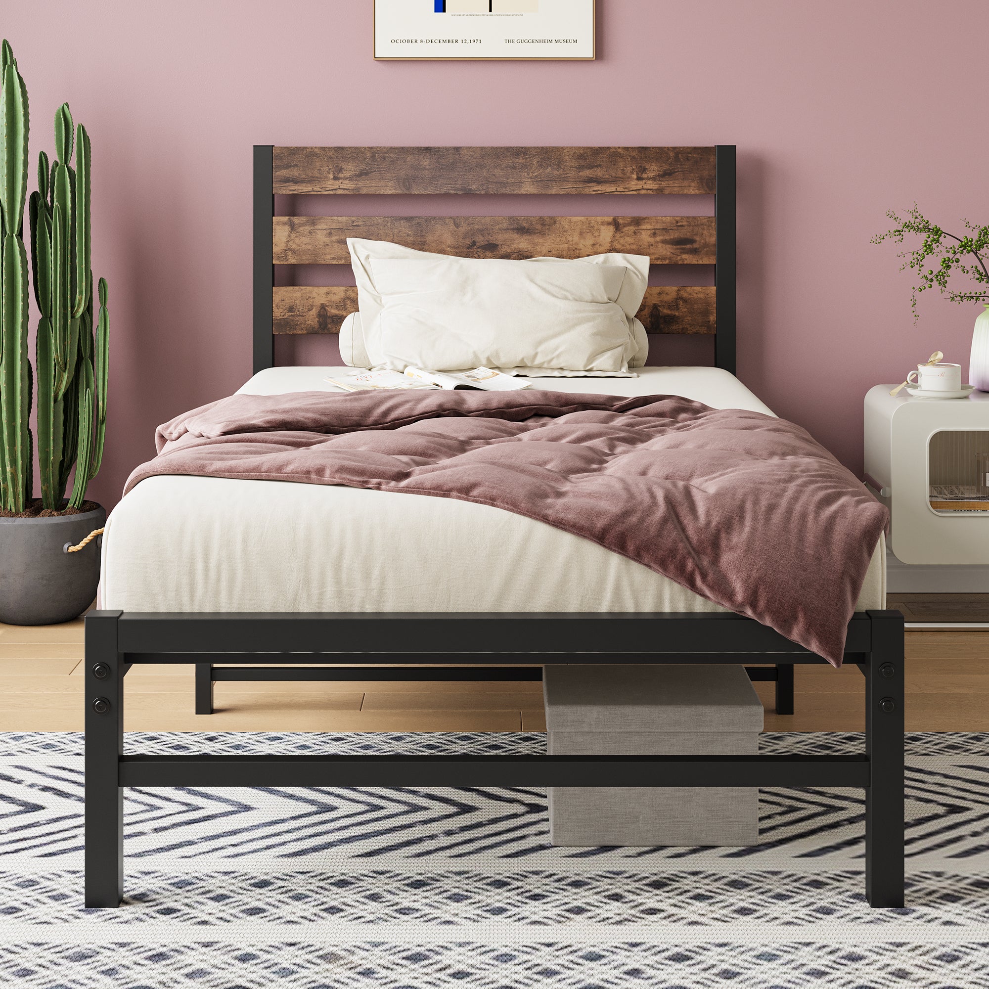 Twin Platform Bed Frame, Rustic Wood Headboard, Brown Twin Platform Bed Frame, Rustic Wood Headboard, Brown