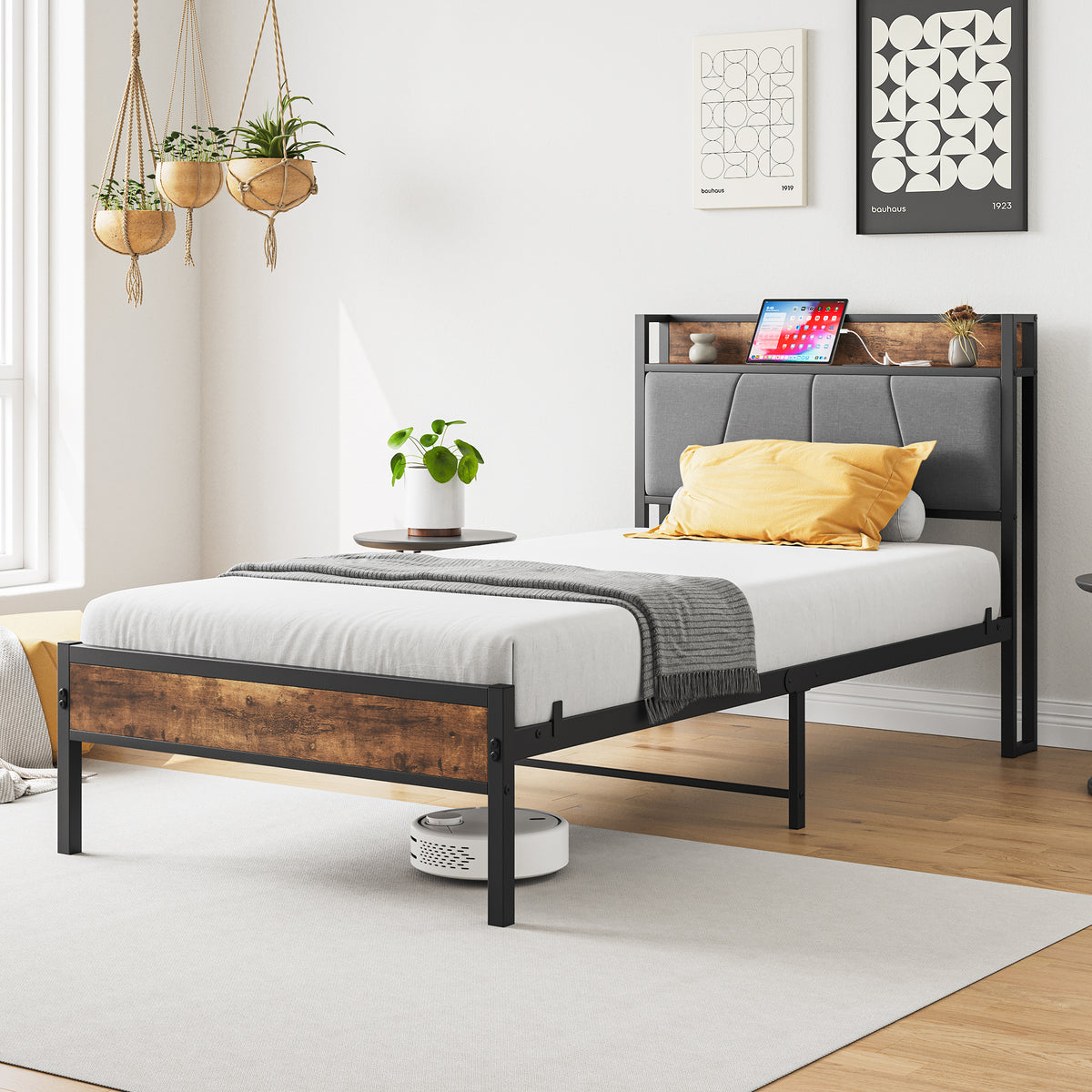 Twin Bed Frame with Storage Headboard & Charging Station