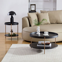 2-Tier Nesting Coffee Table Set, Modern Round Side Tables for Living Room, Black MDF