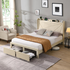 Queen Bed Frame with Drawers, USB Charging & Wingback Headboard