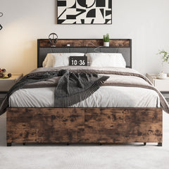 Queen Bed Frame with Storage Headboard, Charging Station & Drawers