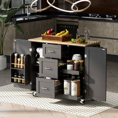 K&K Rolling Kitchen Island with Storage, 3 Drawers & Spice Rack, Black