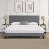 King Size Upholstered Platform Bed Frame with Button Tufted Linen Fabric Headboard, No Box Spring Needed, Wood Slat Support, Easy Assembly, Gray