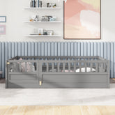 Twin Size Floor bed, integral construction with super high security barrier, door, children's floor bed frame, Montessori wooden children's floor bed, Grey