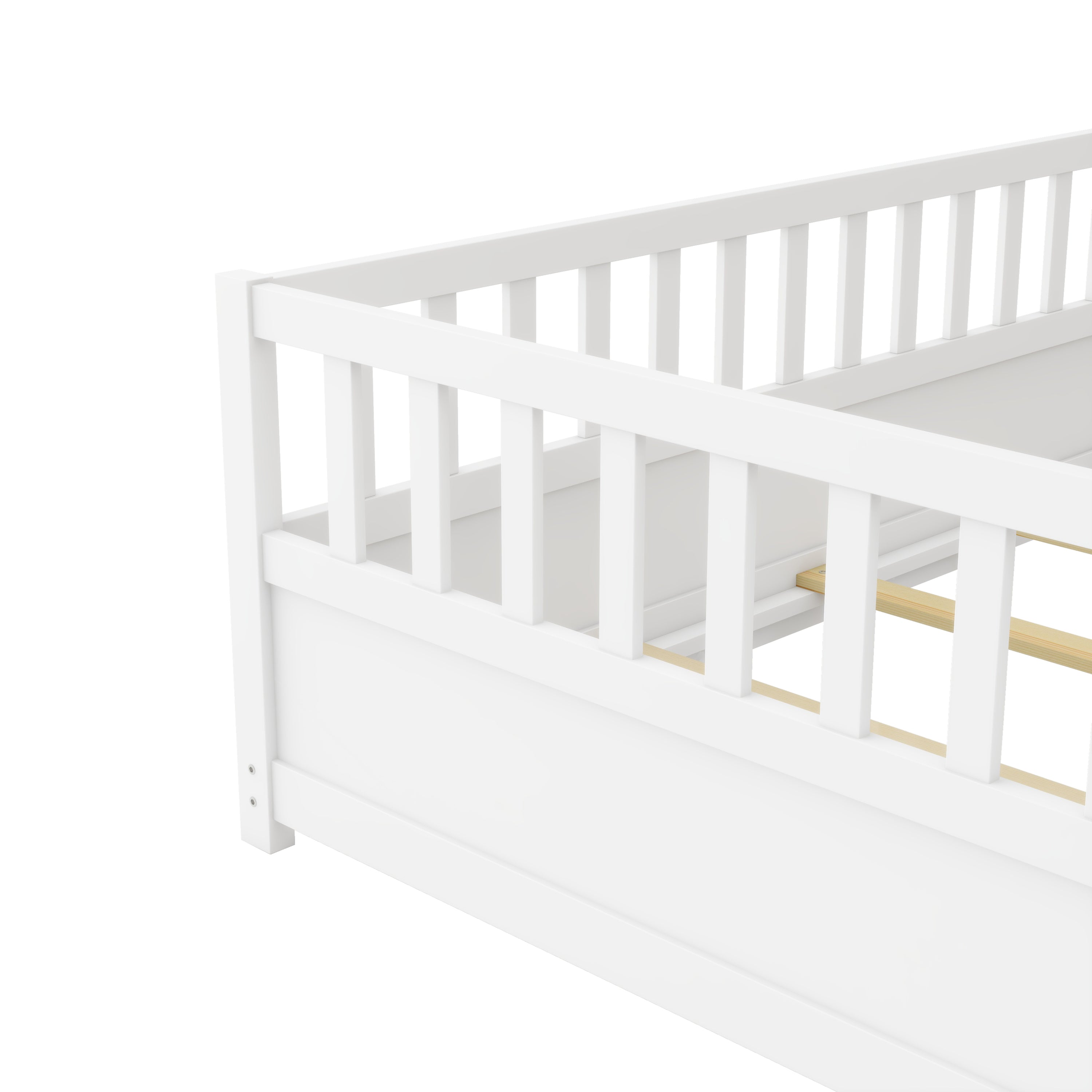 Twin Size Floor bed, integral construction with super high security barrier, door, children's floor bed frame, Montessori wooden children's floor bed, Support slat white Twin Size Floor bed, integral construction with super high security barrier, door, children's floor bed frame, Montessori wooden children's floor bed, Support slat white