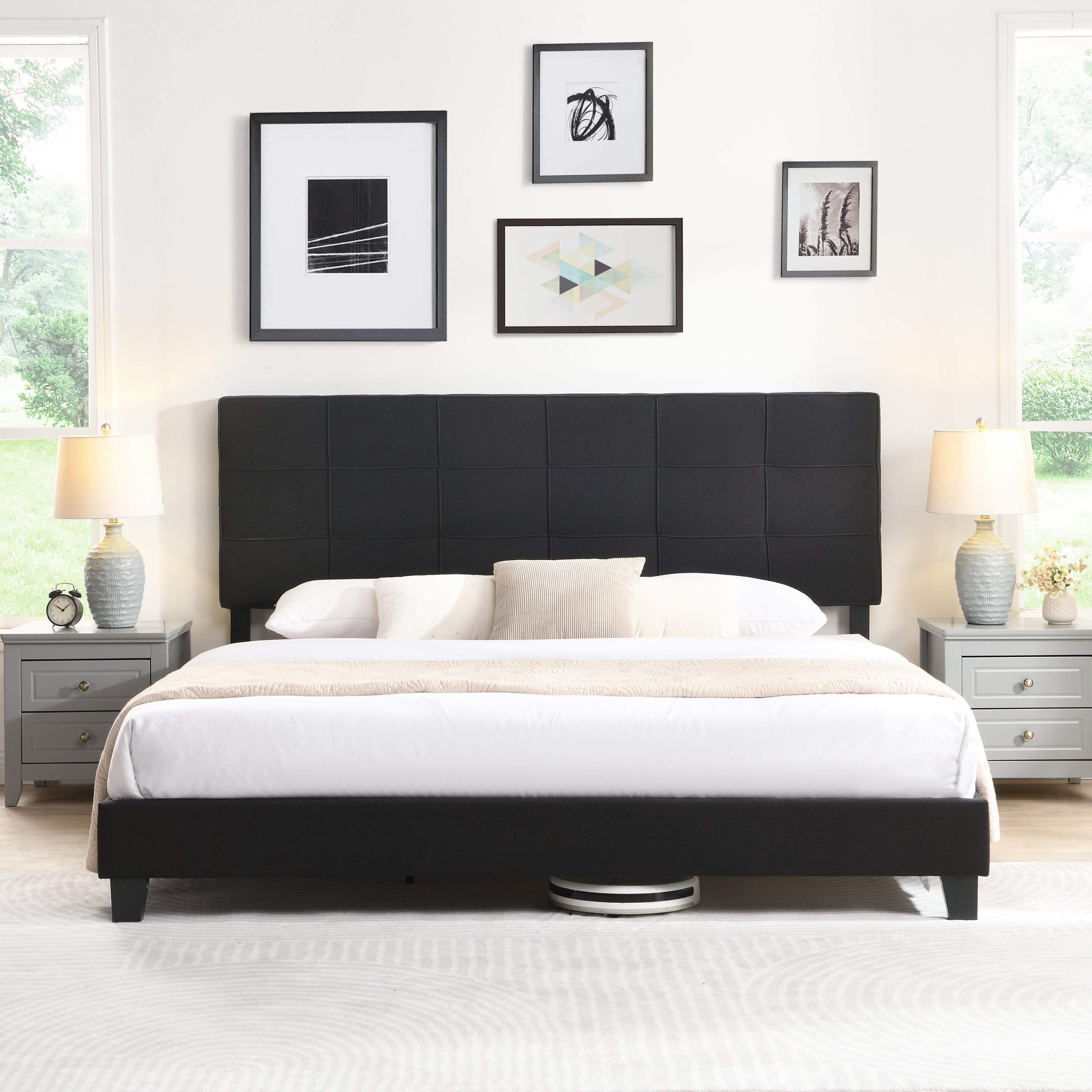 King Size Upholstered Platform Bed Frame with  Linen Fabric Headboard, No Box Spring Needed, Wood Slat Support, Easy Assembly, BLACK King Size Upholstered Platform Bed Frame with  Linen Fabric Headboard, No Box Spring Needed, Wood Slat Support, Easy Assembly, BLACK