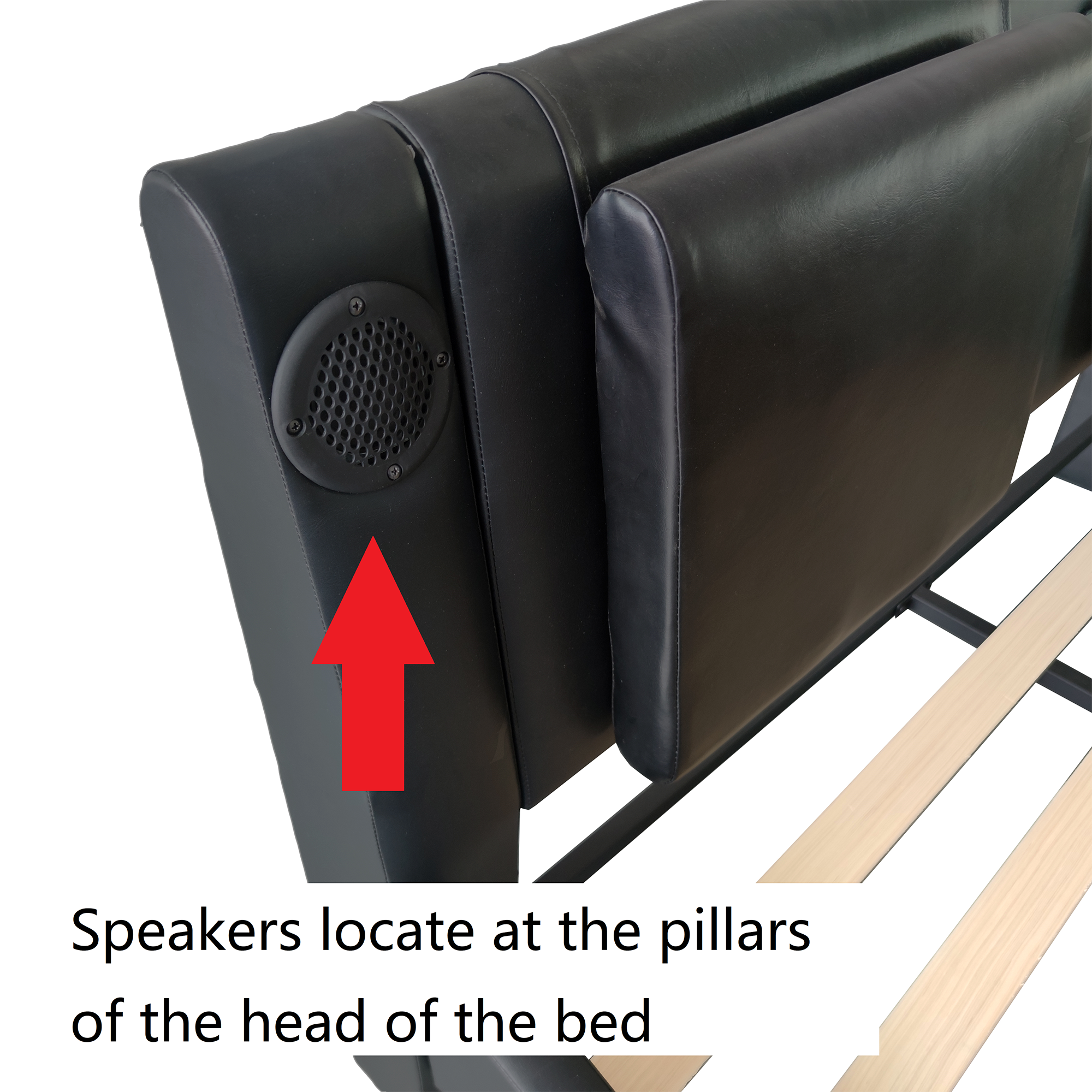 Faux Leather Upholstered Platform Bed Frame with led lighting, Bluetooth connection to play music control, Backrest vibration massage, Curve Design, Wood Slat Support, Exhibited Speakers,King Size Faux Leather Upholstered Platform Bed Frame with led lighting, Bluetooth connection to play music control, Backrest vibration massage, Curve Design, Wood Slat Support, Exhibited Speakers,King Size