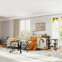 3-Piece Glass Coffee Table Set with Round End Table, Black