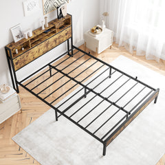 Queen Metal Platform Bed with Storage Headboard & Charging Station - Black