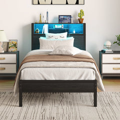 Twin Bed Frame with Storage Headboard, Charging Station & Bookcase