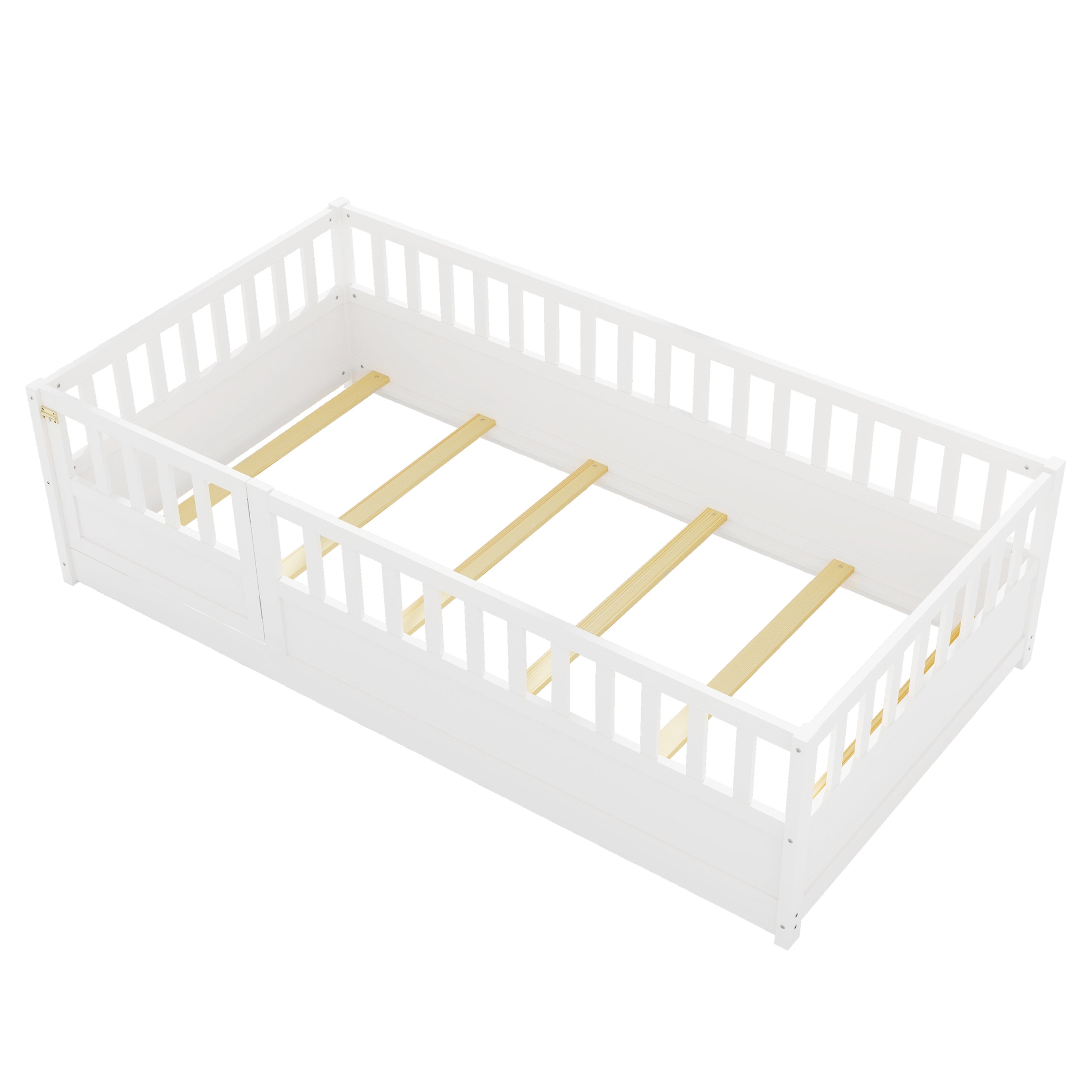 Twin Size Floor bed, integral construction with super high security barrier, door, children's floor bed frame, Montessori wooden children's floor bed, Support slat white Twin Size Floor bed, integral construction with super high security barrier, door, children's floor bed frame, Montessori wooden children's floor bed, Support slat white