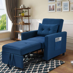 3-in-1 Convertible Futon Sofa Bed with Adjustable Backrest, Single Sofa Bed with Pull Out Sleeper, Convertible Futon Chair for Living Room, Side Bag and 1 Lumbar Pillow,Navy